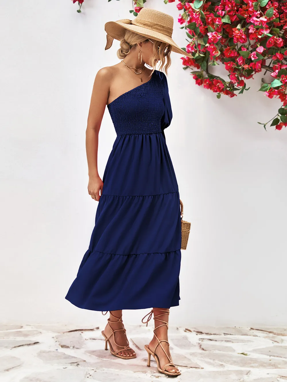 Smocked One-Shoulder Midi Dress, image 7