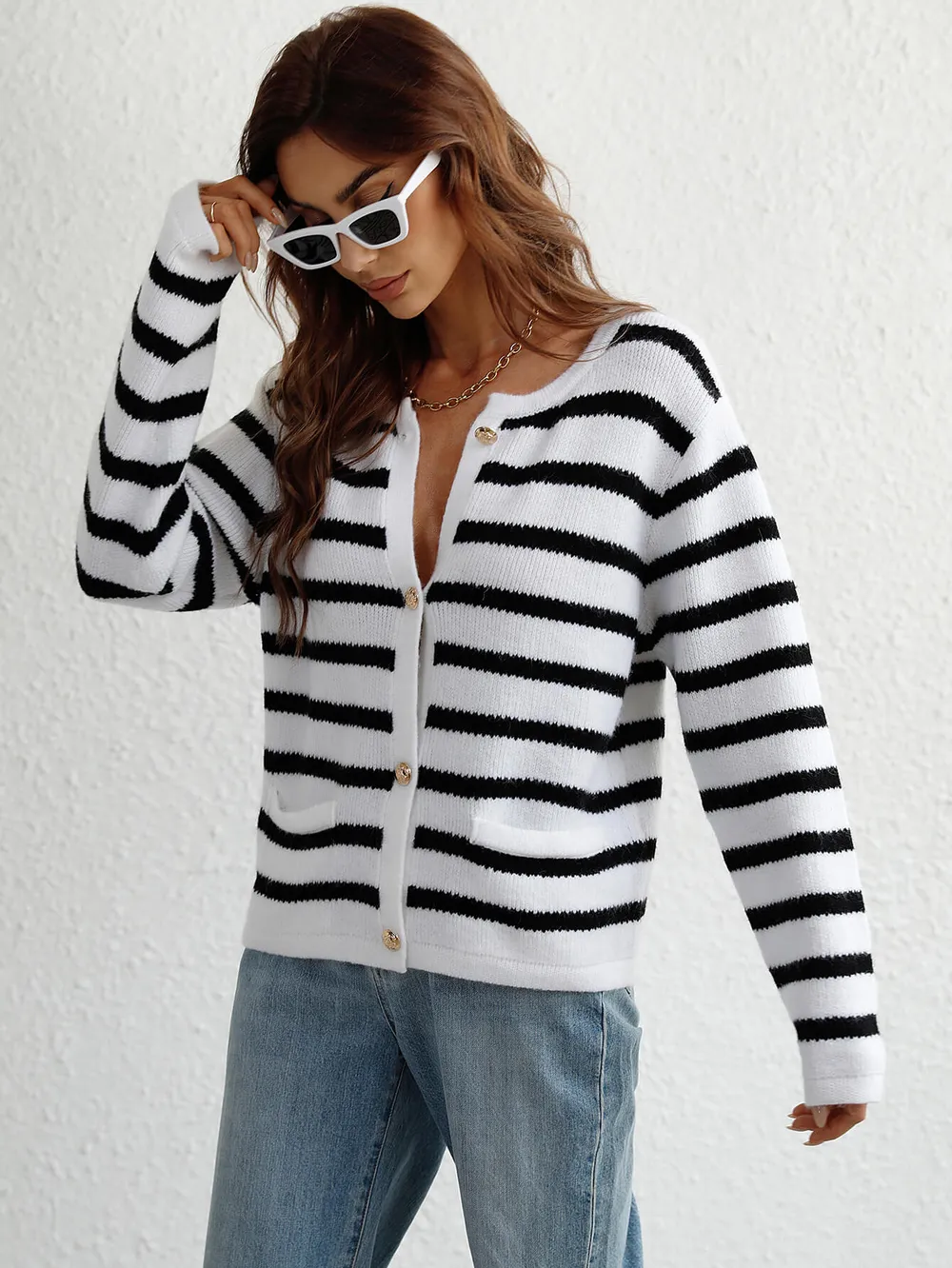 Striped Button Front Cardigan, image 8