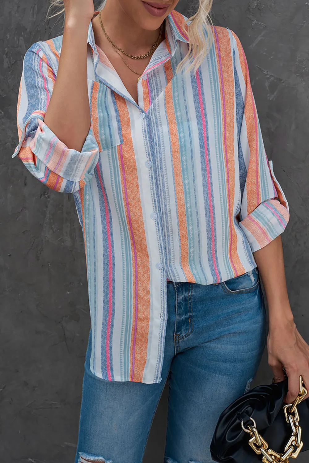 Striped Button-Up Curved Hem Shirt with Breast Pocket, image 5
