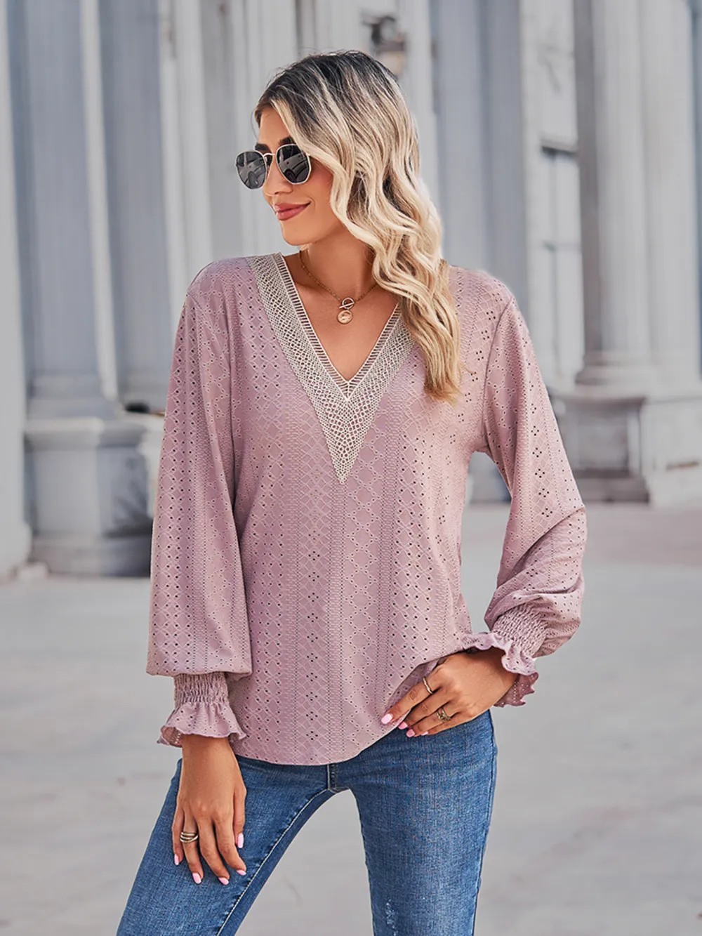 V-Neck Eyelet Flounce Sleeve Blouse, image 12