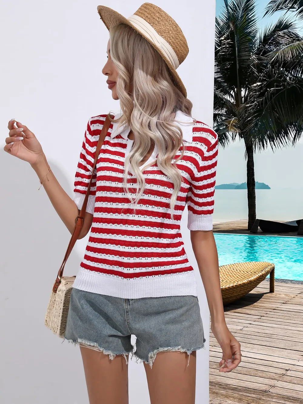 Striped Johnny Collar Half Sleeve Knit Top, image 5