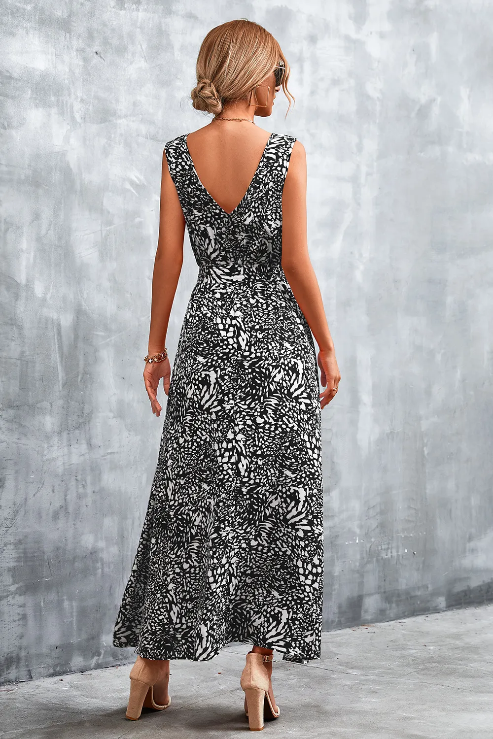 Printed V-Neck Tie Waist Maxi Dress, image 8