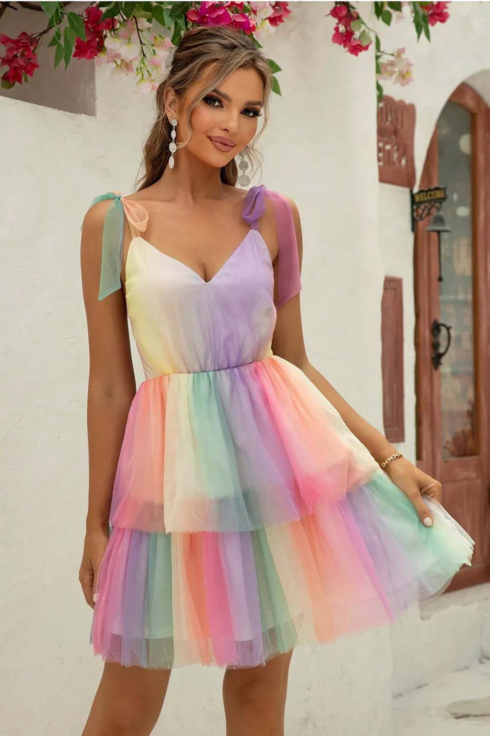 Gradient Tie-Shoulder Layered Dress, image 3