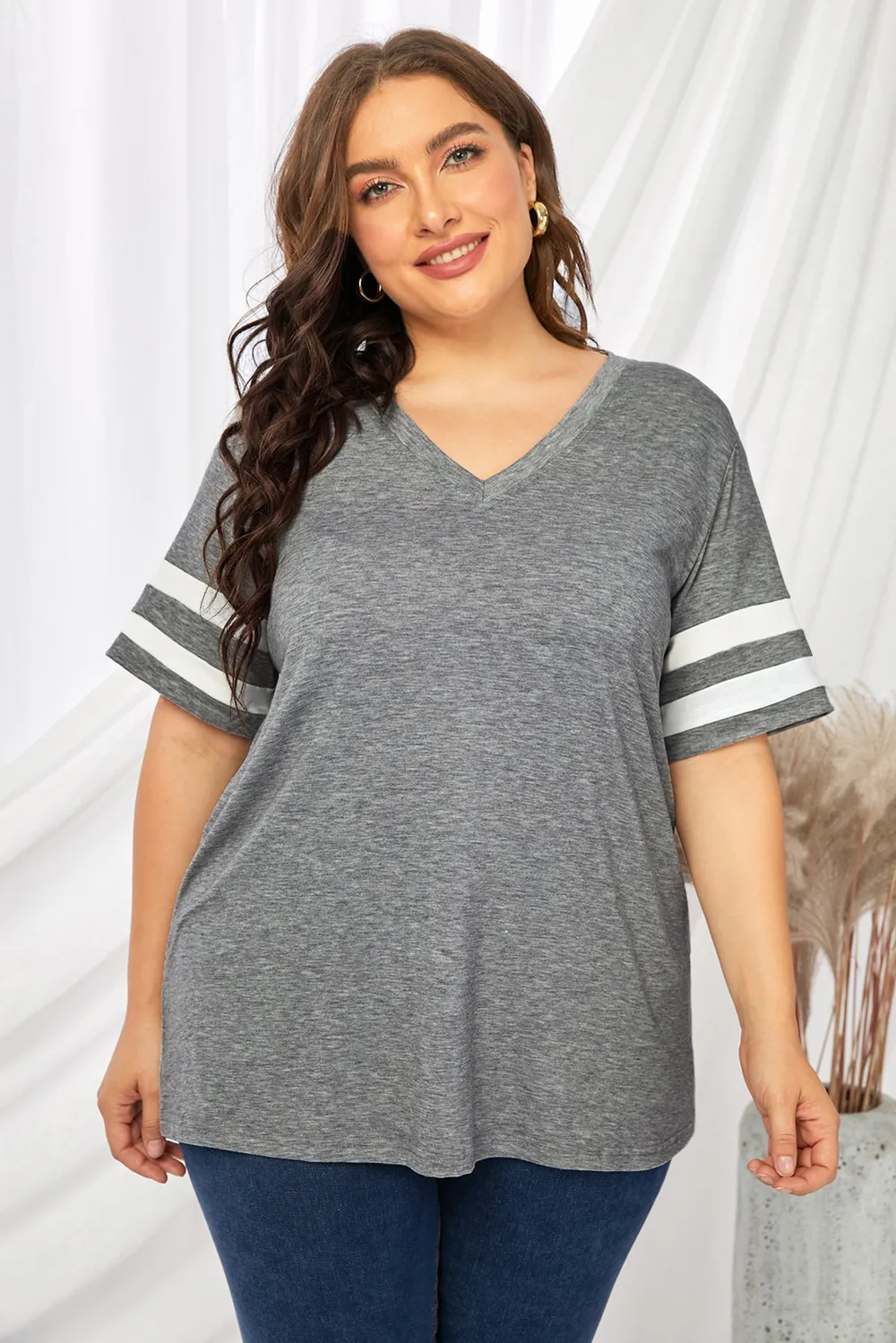 Plus Size Striped V-Neck Tee Shirt, image 19