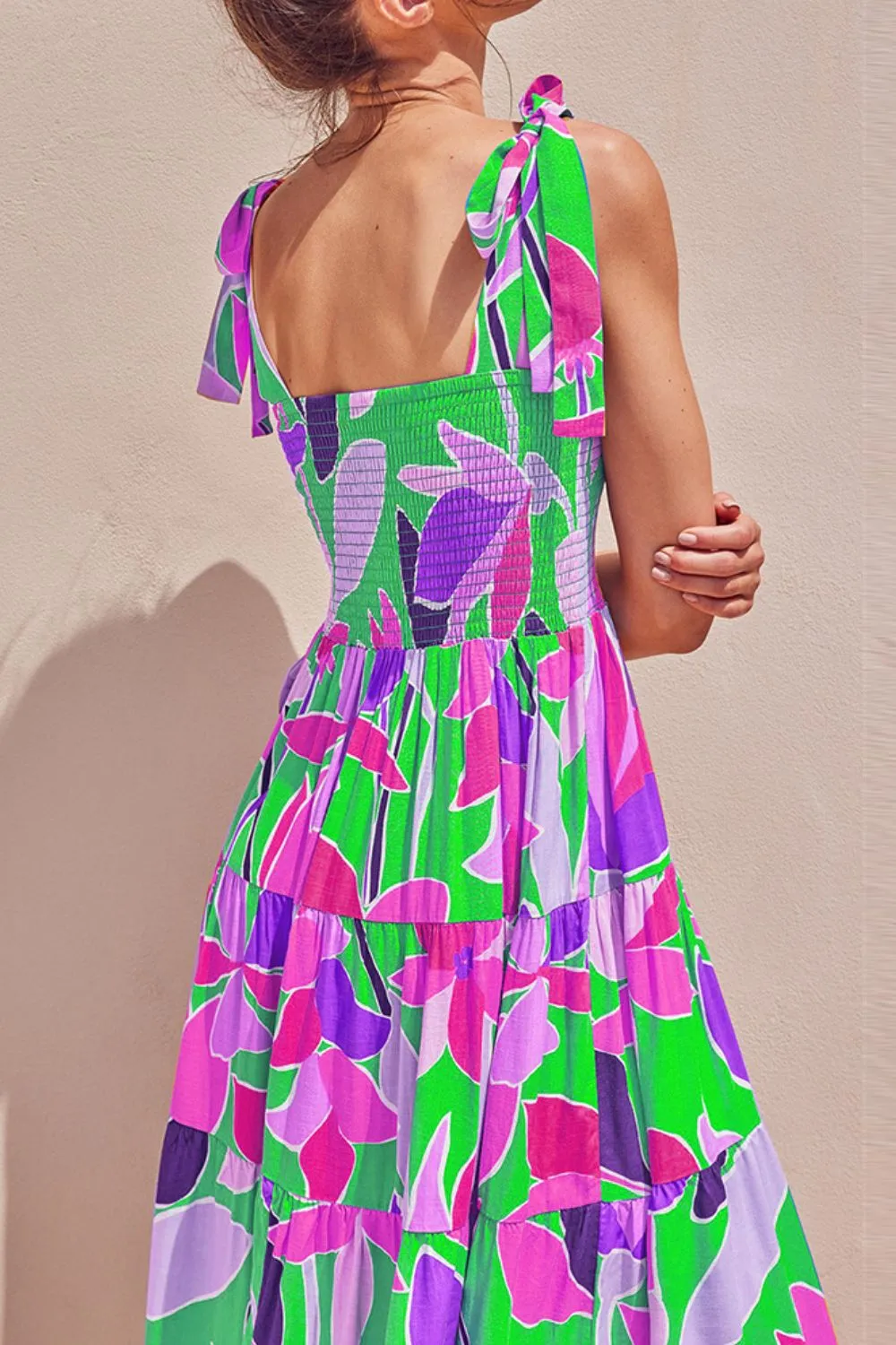 Floral Tie-Shoulder Smocked Midi Dress, image 4