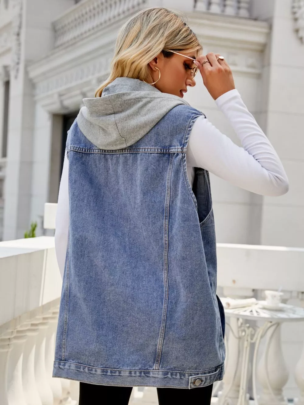 Drawstring Hooded Sleeveless Denim Top with Pockets, image 7