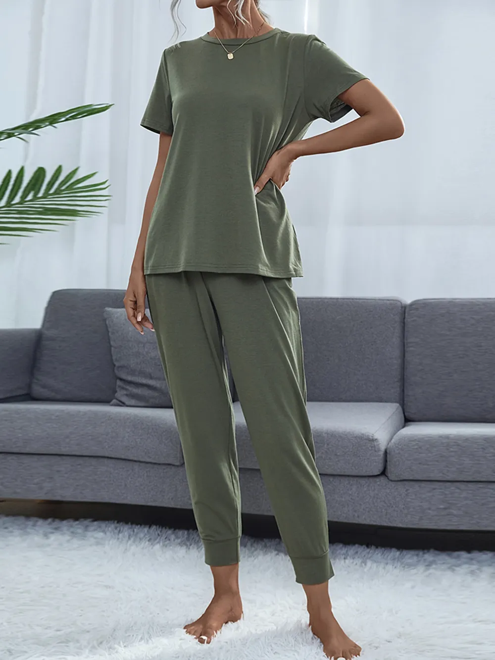 Round Neck Short Sleeve Top and Pants Set, image 11