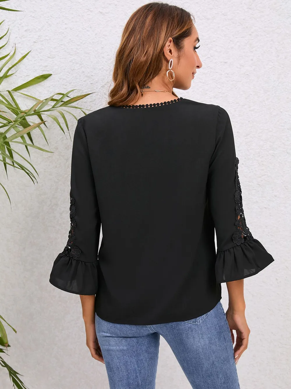 V-Neck Lace Detail Flounce Sleeve Blouse, image 2