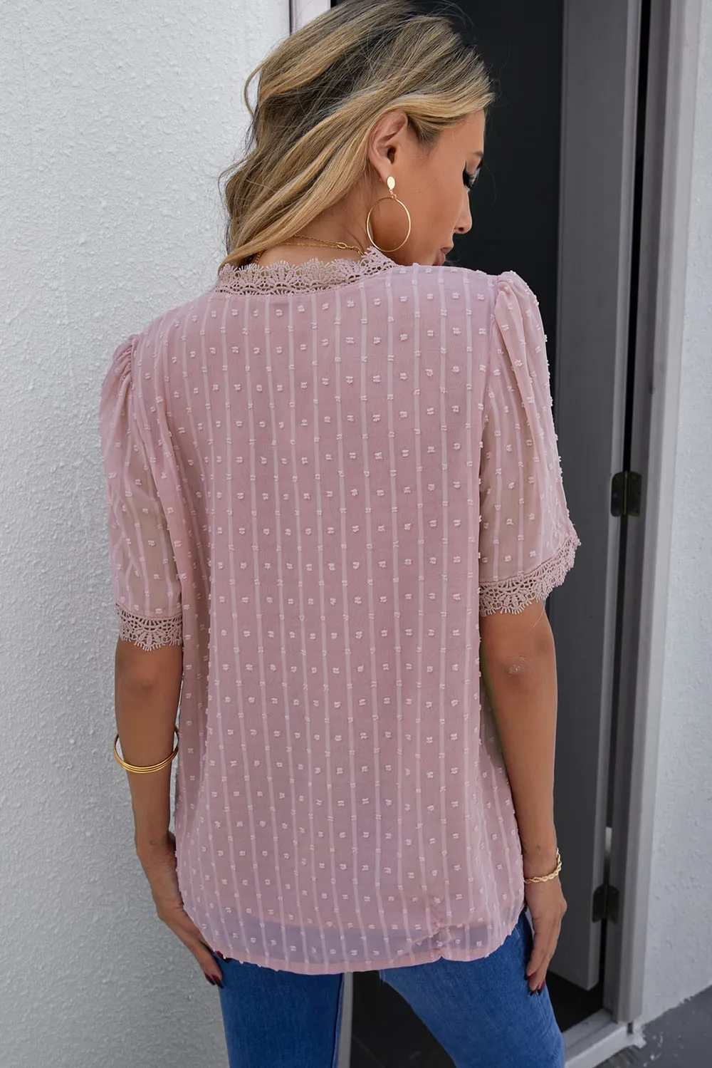 Swiss Dot Lace Trim Plunge Blouse, image 7