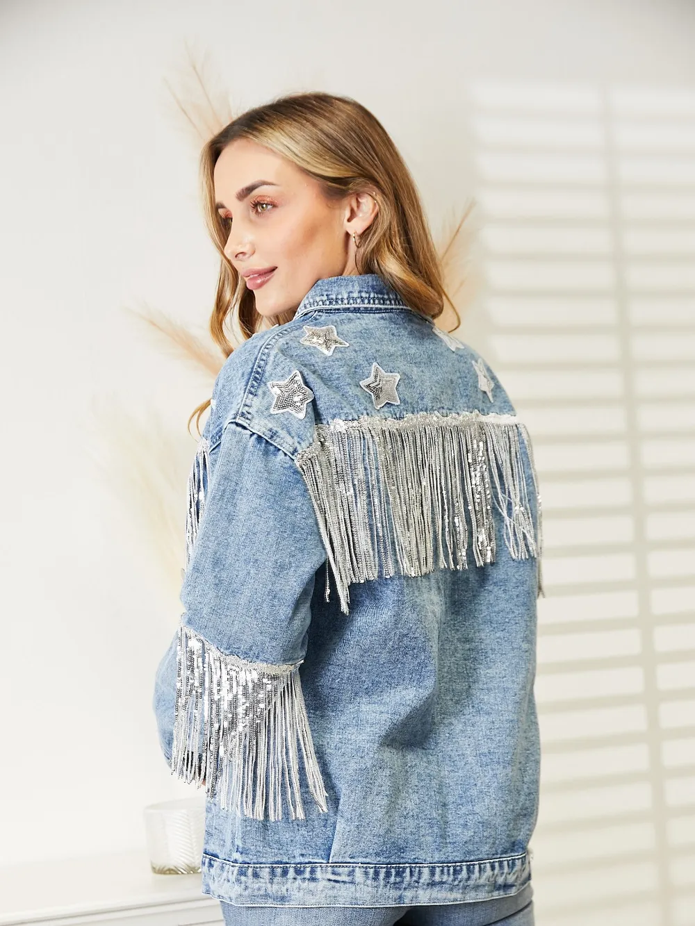 Fringe Detail Long Sleeve Denim Jacket, image 3