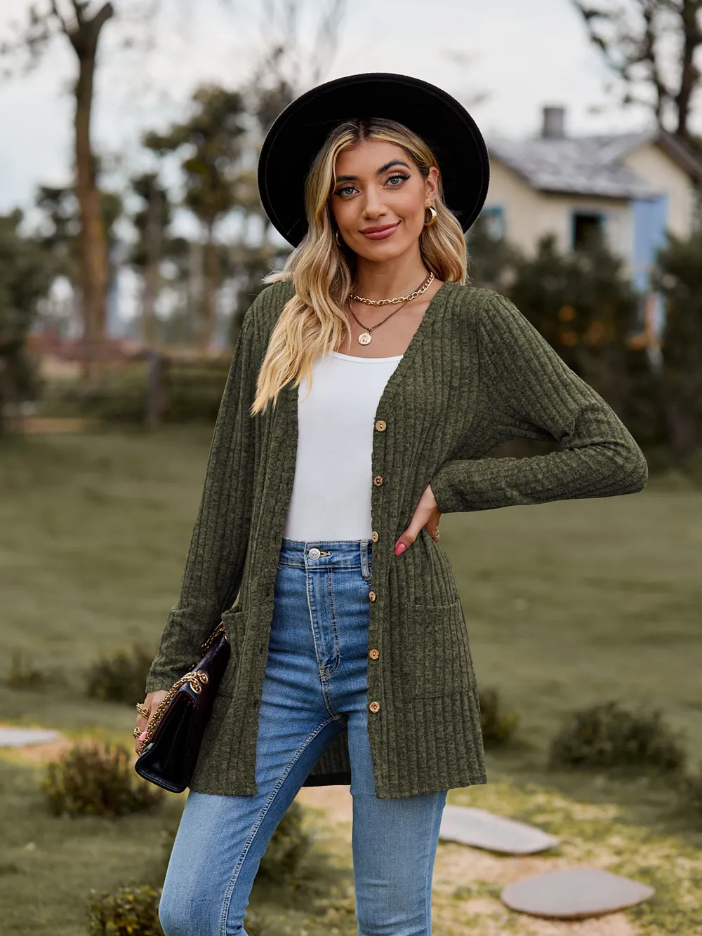 Ribbed Button-Up Cardigan with Pockets, image 14