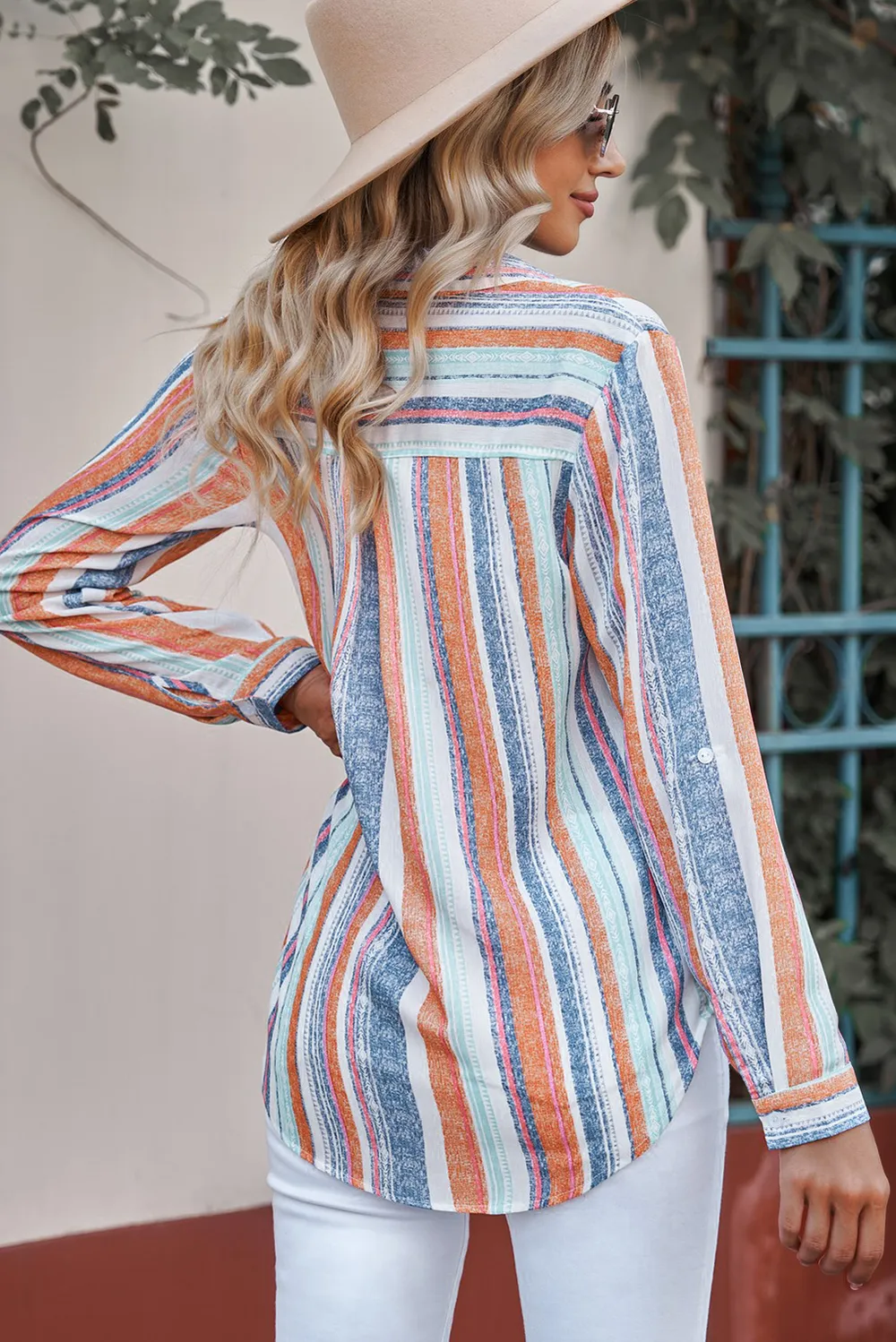 Striped Button-Up Curved Hem Shirt with Breast Pocket, image 6