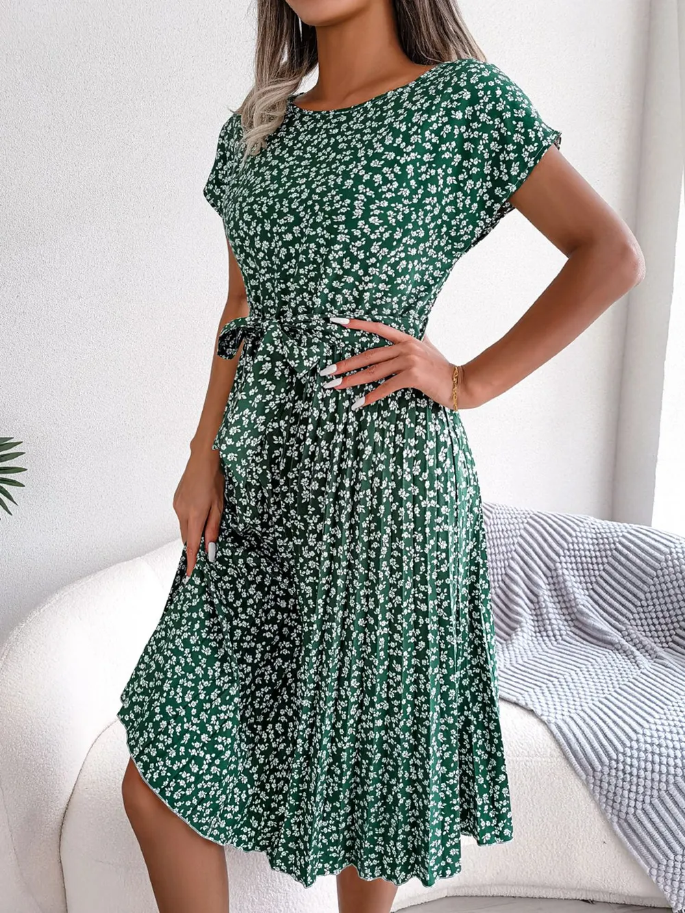 Ditsy Floral Pleated Belted Dress, image 8