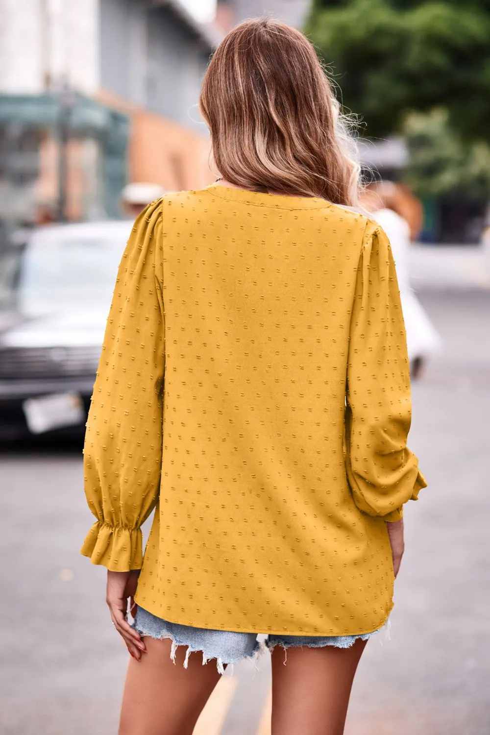 Swiss Dot Notched Neck Flounce Sleeve Blouse, image 15