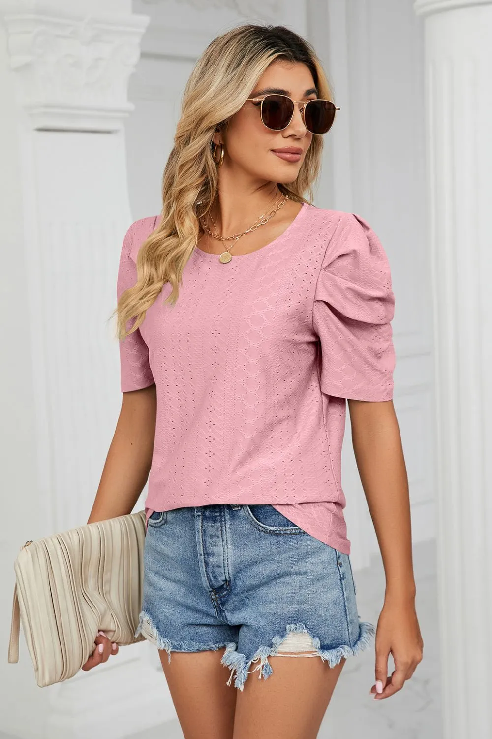 Eyelet Puff Sleeve Round Neck Blouse, image 17