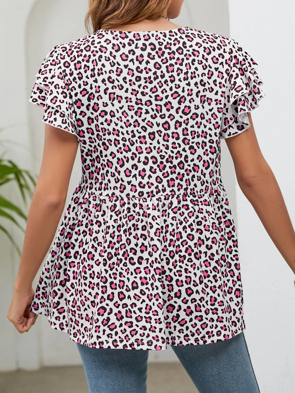 Leopard Round Neck Flutter Sleeve Babydoll Blouse, image 6