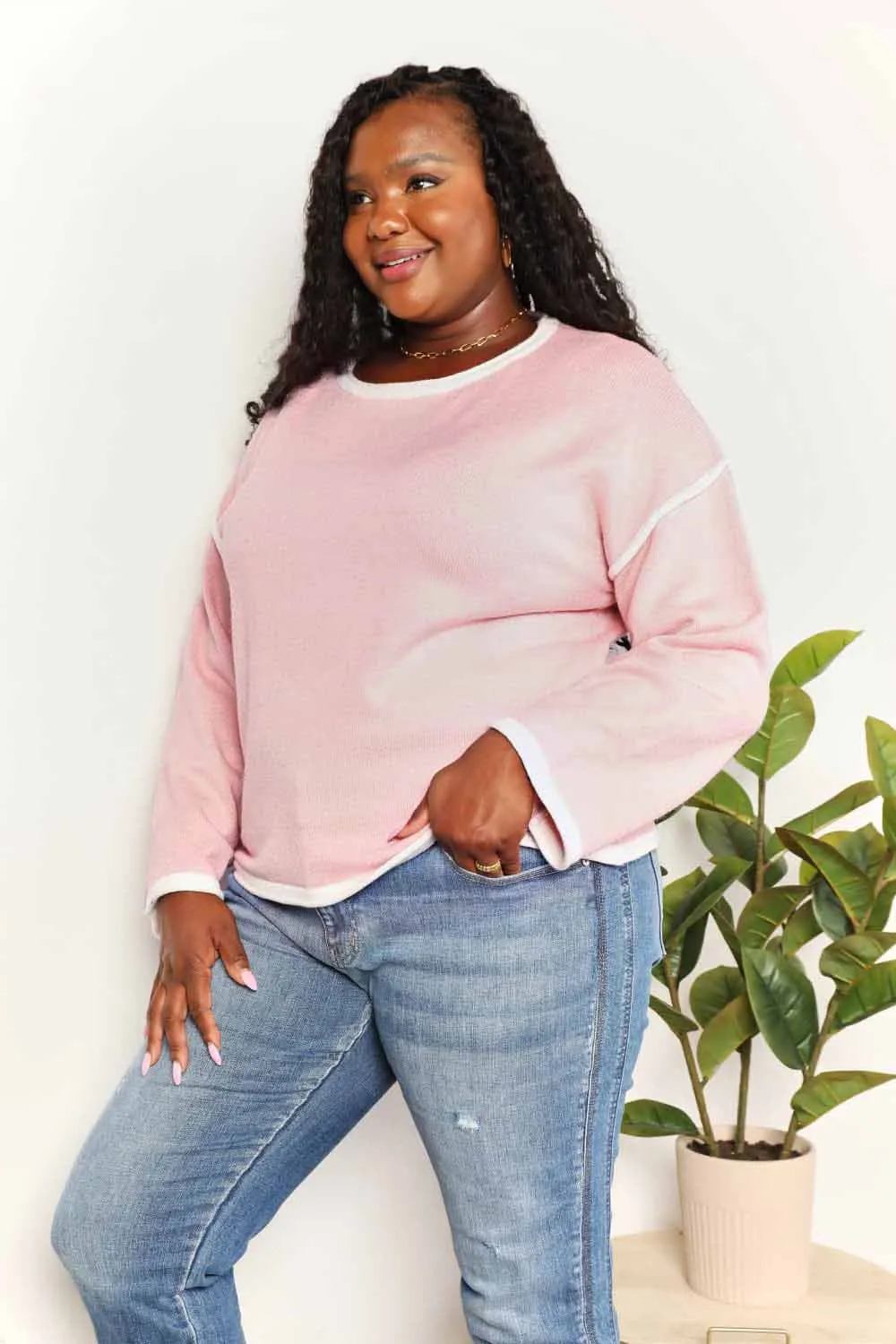 Contrast Detail Dropped Shoulder Knit Top, image 8