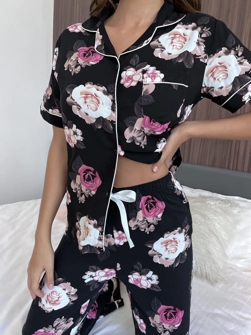 Floral Short Sleeve Shirt and Pants Lounge Set, image 4