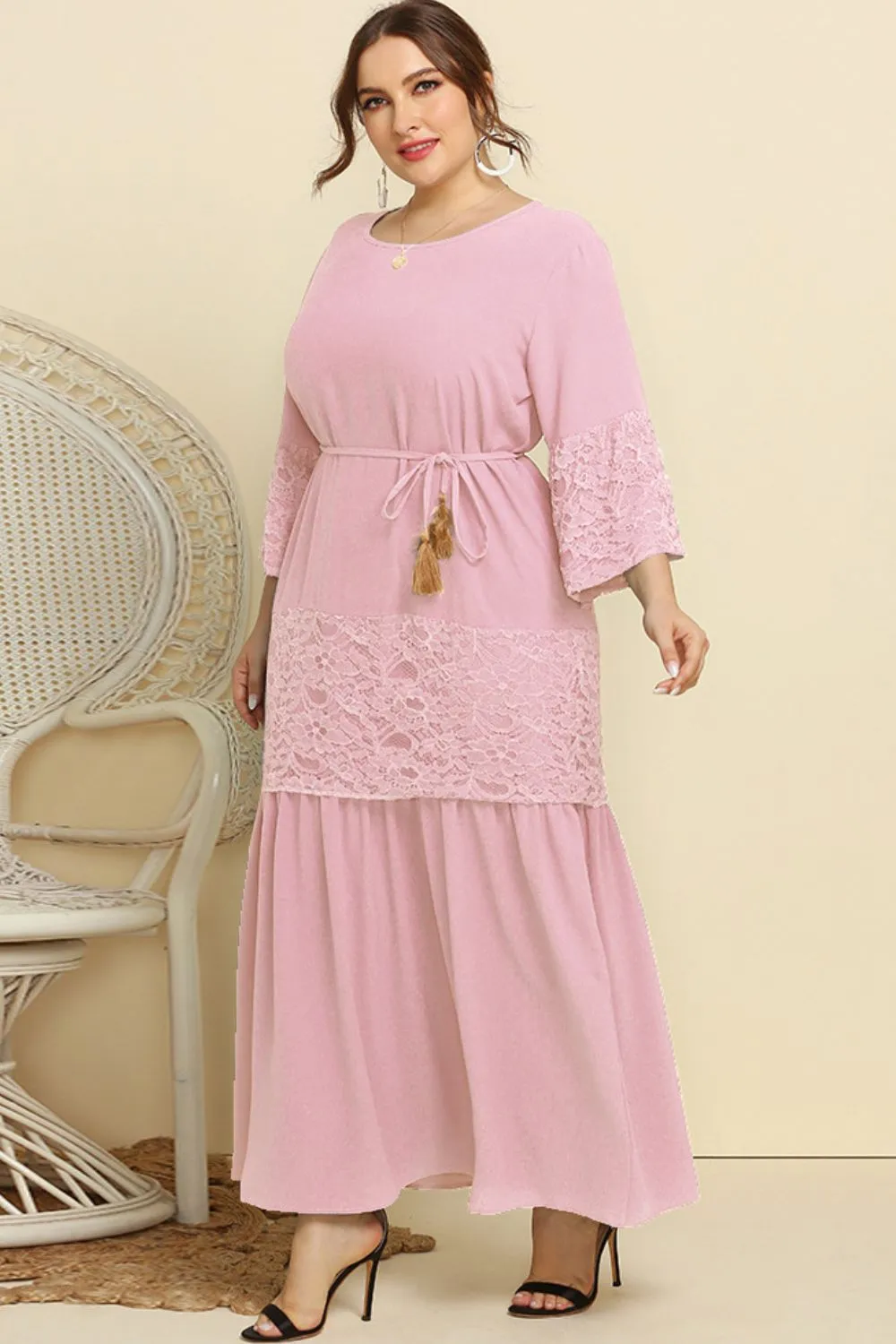 Plus Size Spliced Lace Tassel Belted Dress, image 3