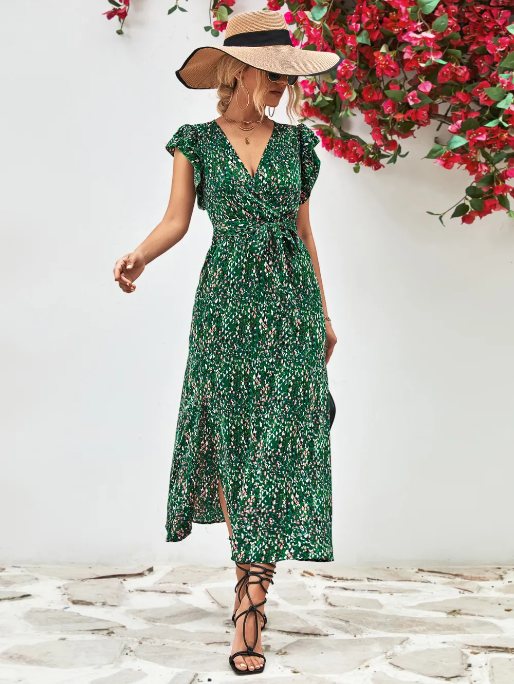 Printed Surplice Neck Flutter Sleeve Slit Dress, image 6