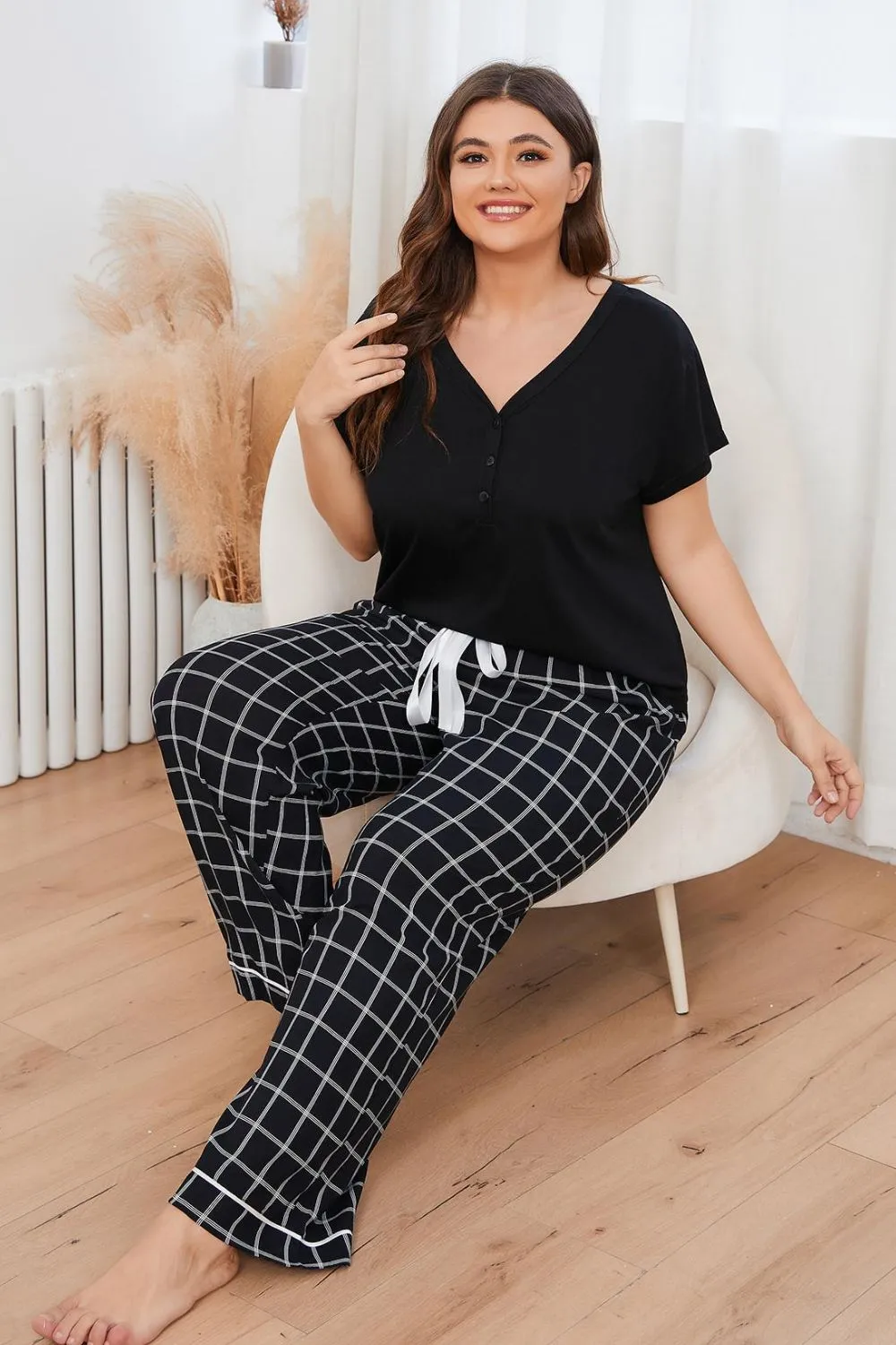 Plus Size V-Neck Top and Plaid Pants Lounge Set, image 7