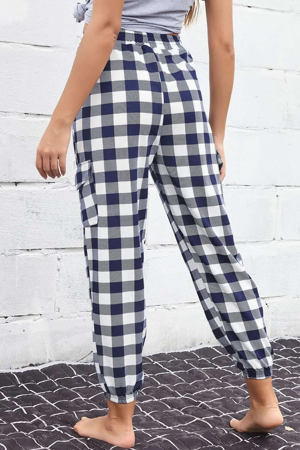Plaid Elastic High Waist Cargo Pants, image 3
