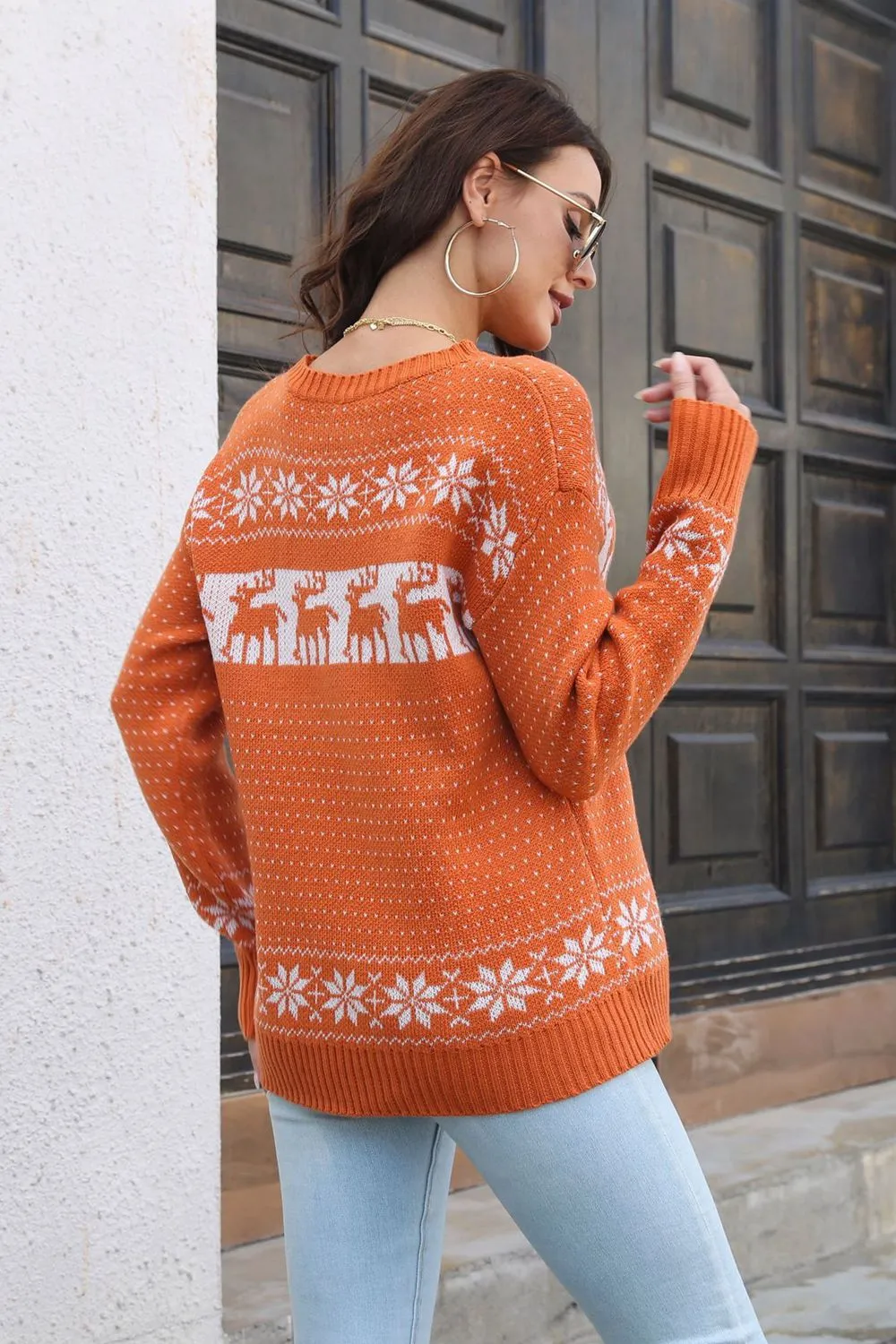 Reindeer & Snowflake Pattern Dropped Shoulder Pullover Sweater, image 2