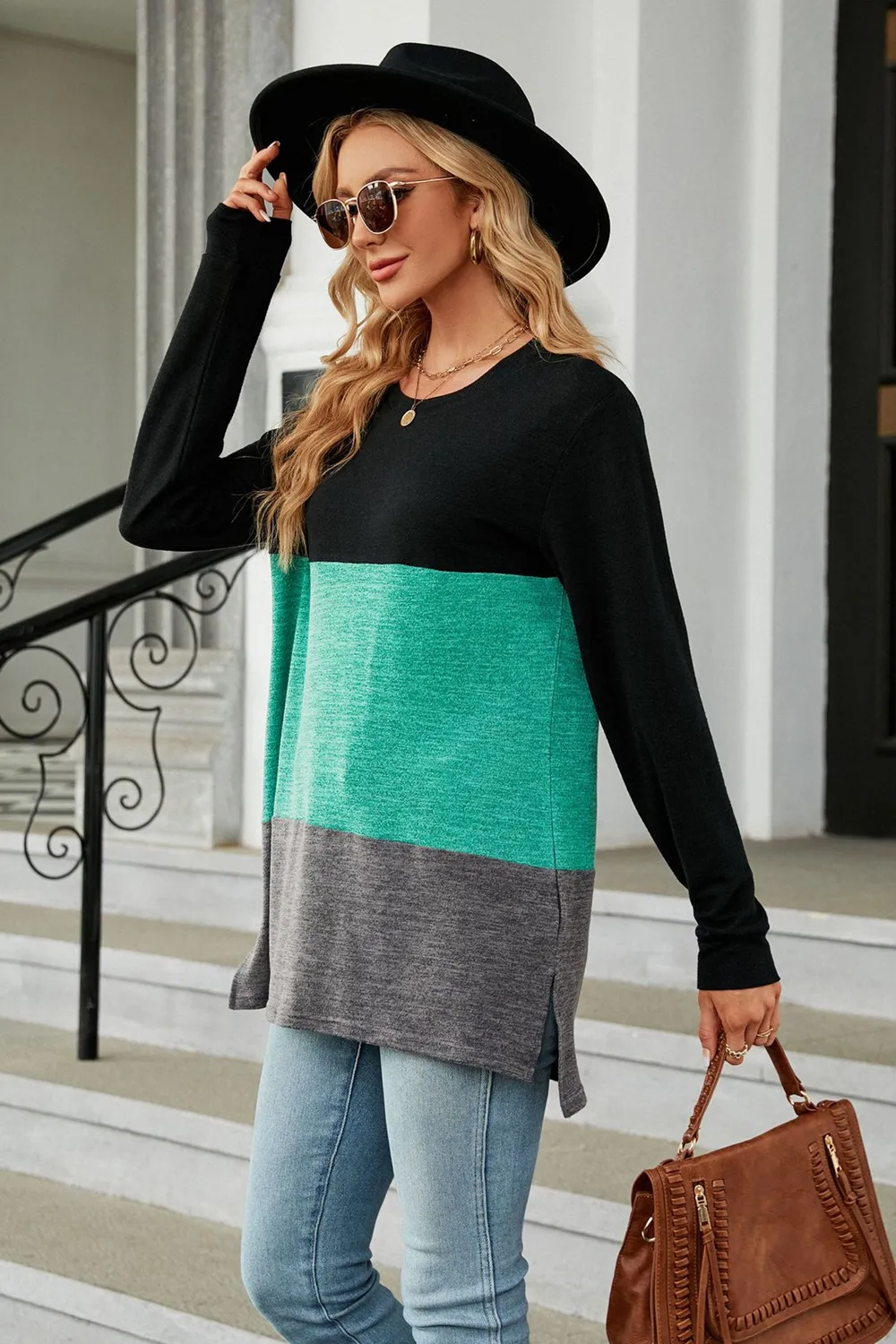 Color Block Round Neck Long Sleeve Slit T-Shirt, image 4