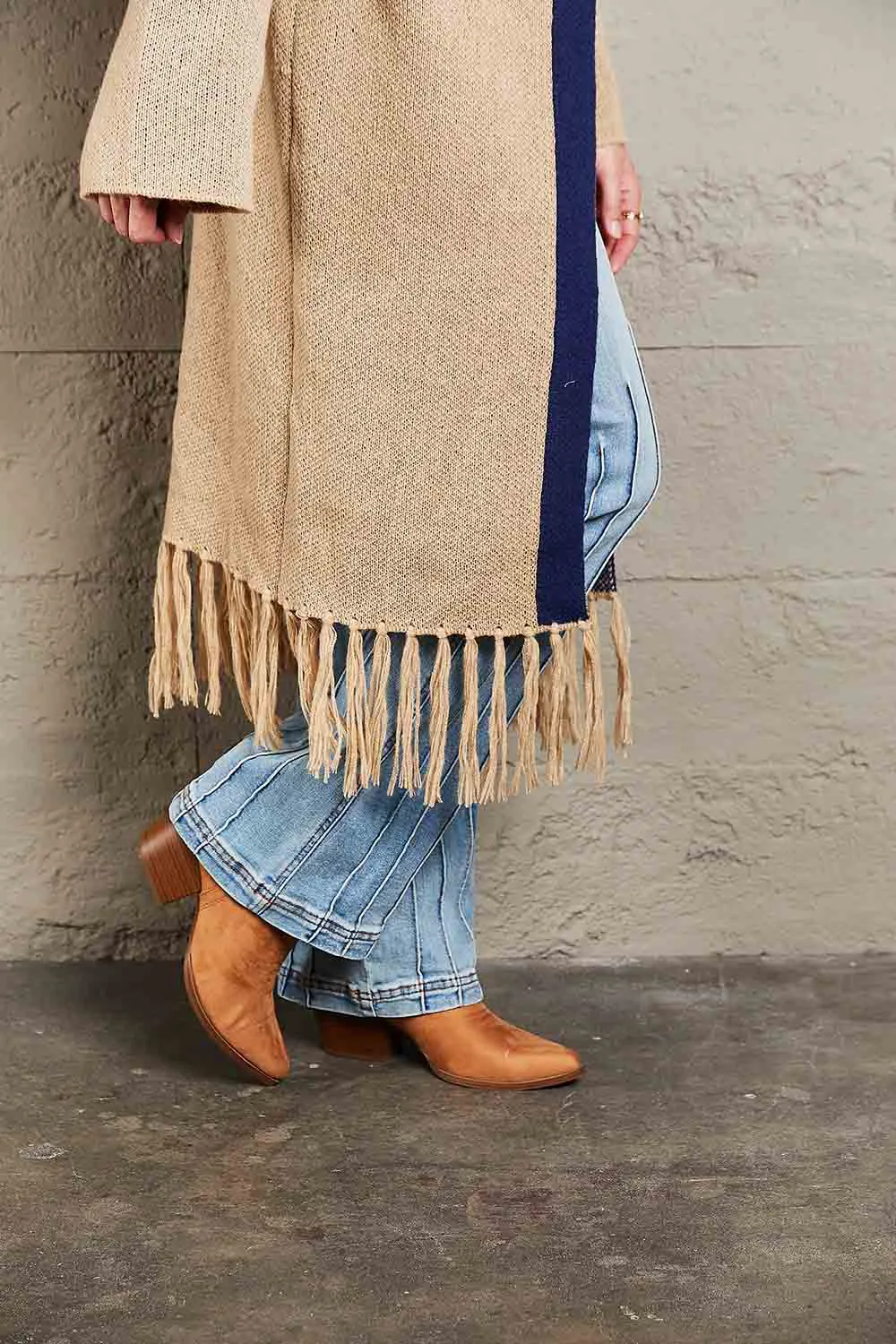 Geometric Fringe Hem Open Front Duster Cardigan, image 7