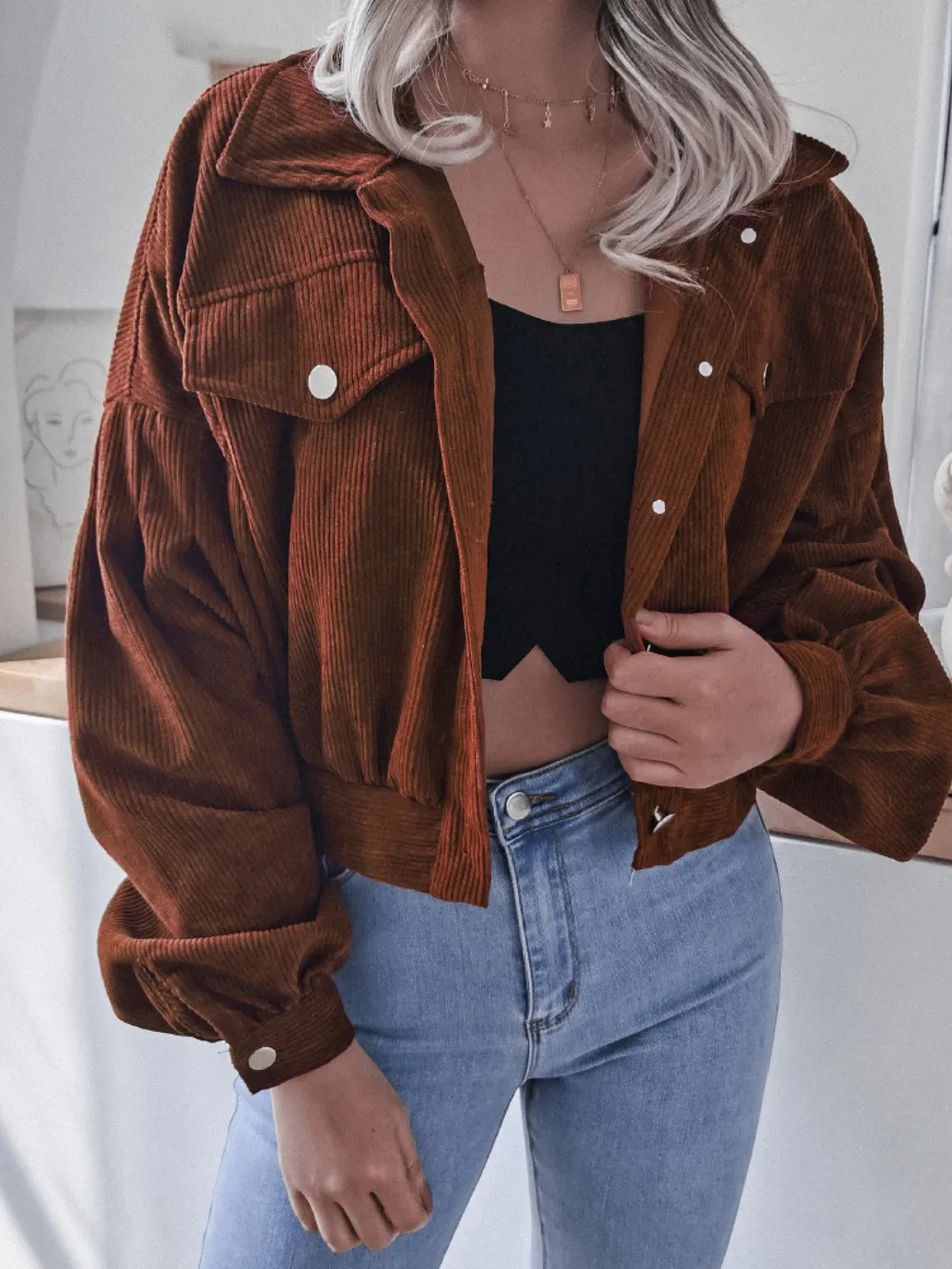 Lantern Sleeve Cropped Corduroy Jacket, image 11