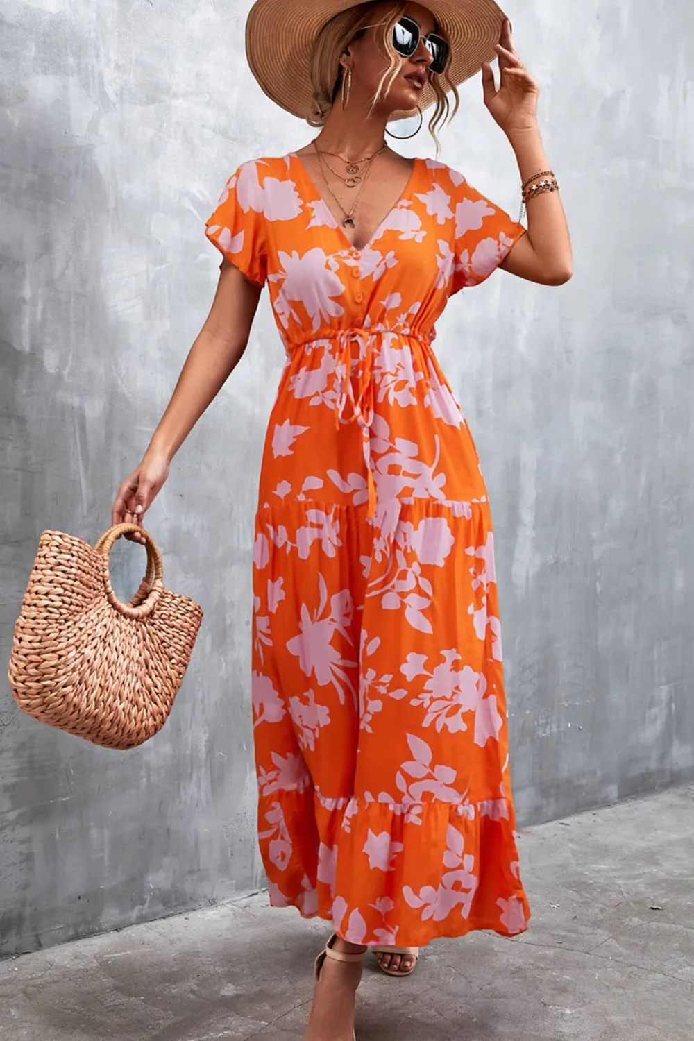 Floral Buttoned Drawstring Waist Tiered Dress, image 5