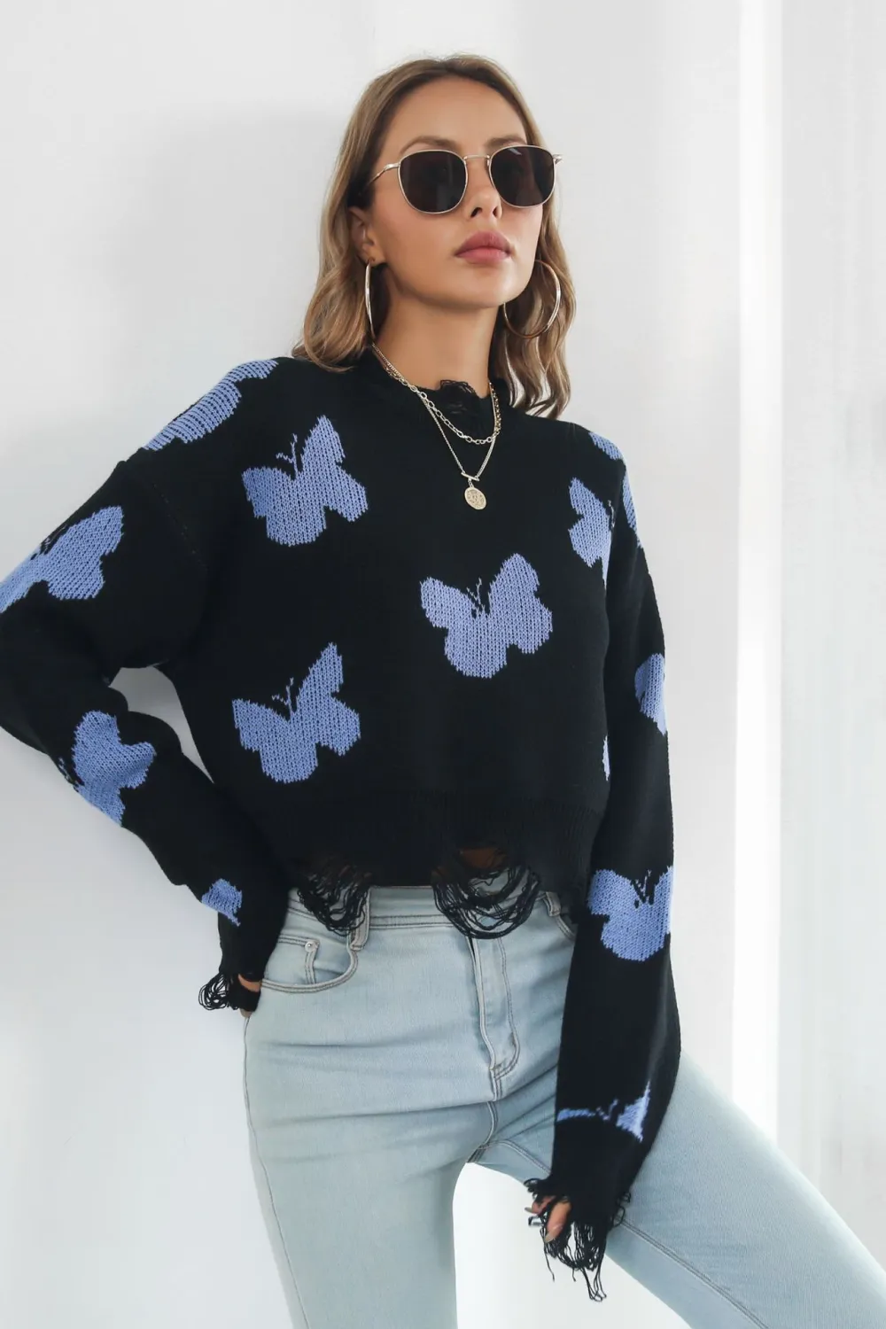 Printed Round Neck Ribbed Long Sleeve Sweater, image 2