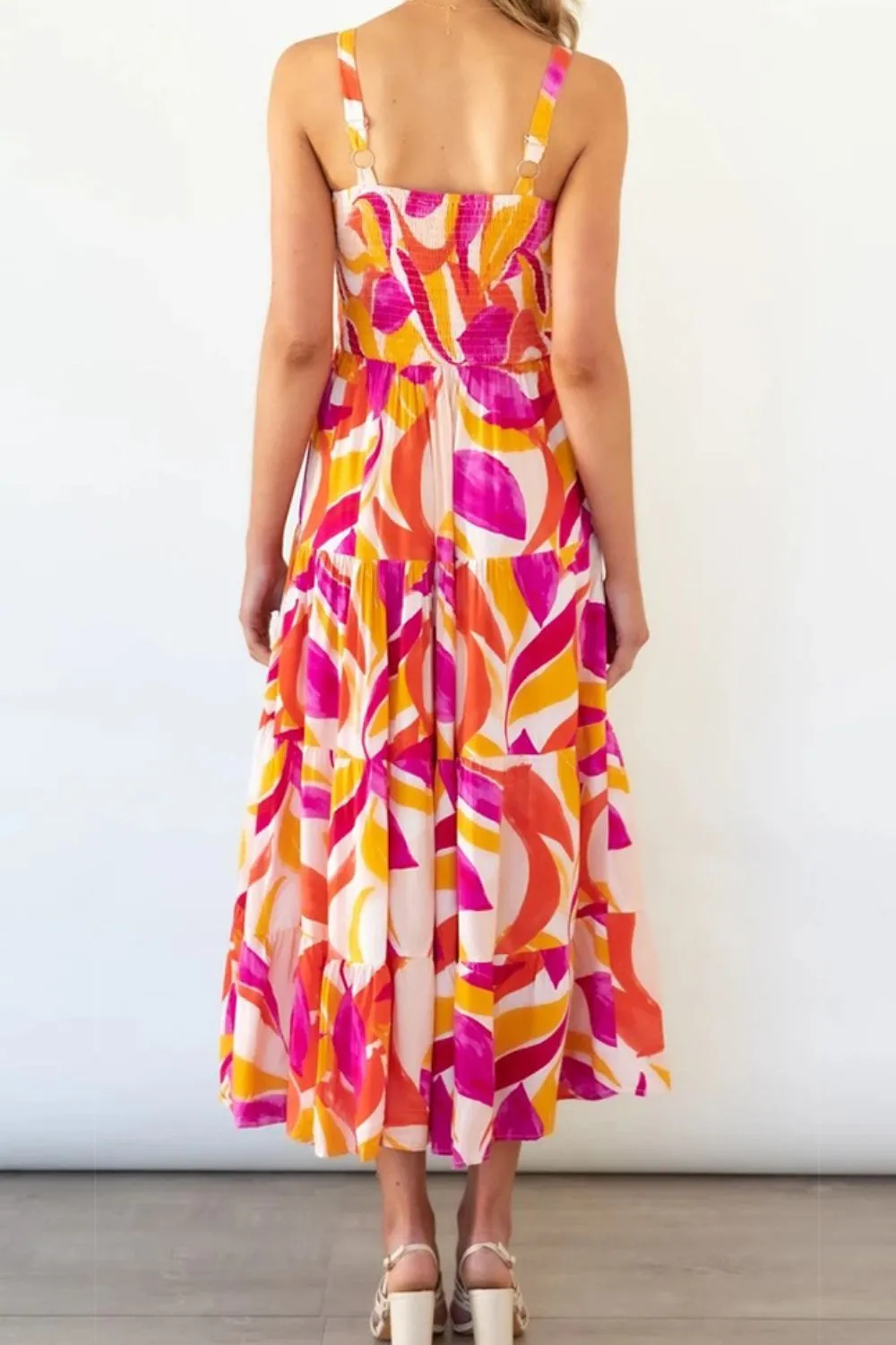 Printed Smocked Square Neck Tiered Sleeveless Dress, image 3