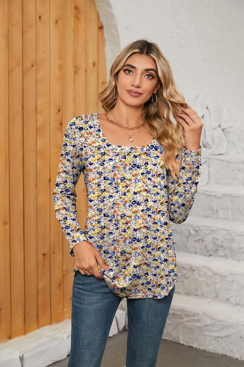 Printed Square Neck Long Sleeve Blouse, image 8