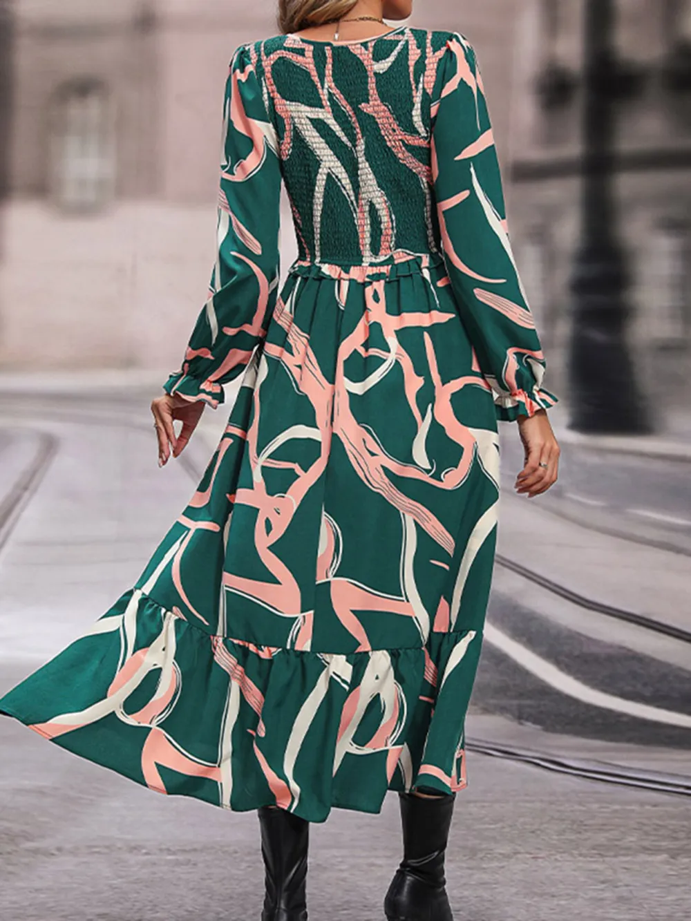 Printed Smocked V-Neck Three-Quarter Sleeve Midi Dress, image 2