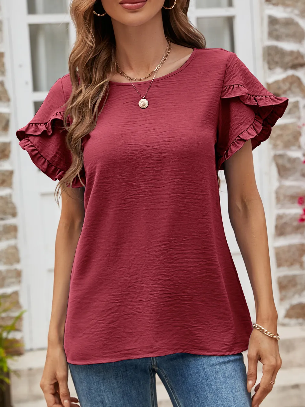 Textured Petal Sleeve Round Neck Tee, image 7