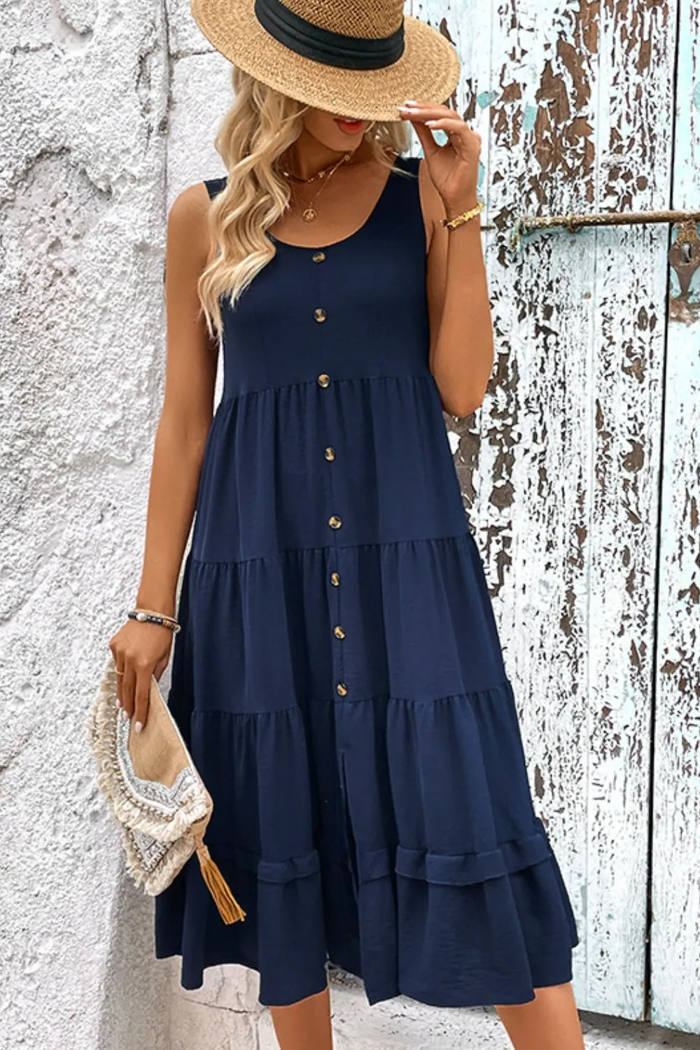 Decorative Button Scoop Neck Tiered Sleeveless Dress, image 8