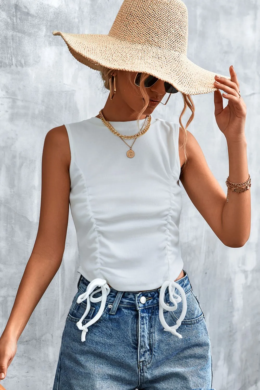 Drawstring Detail Round Neck Tank, image 3