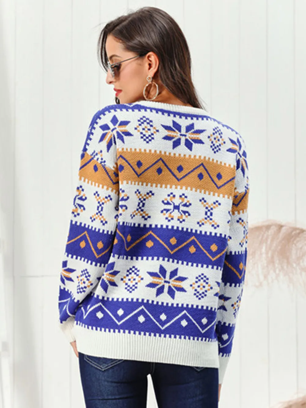 Snowflake Pattern Round Neck Sweater, image 2