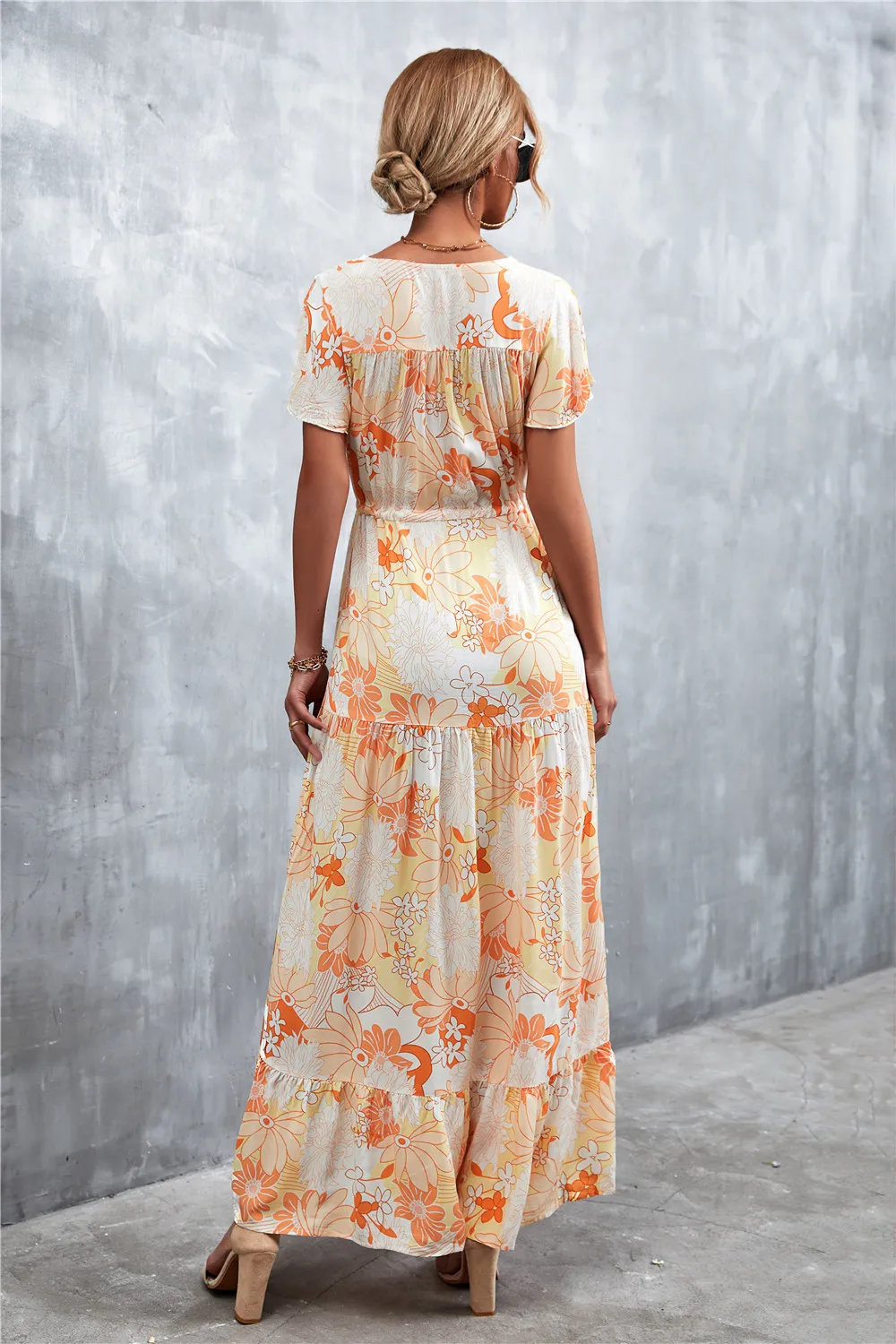 Floral Buttoned Drawstring Waist Tiered Dress, image 6