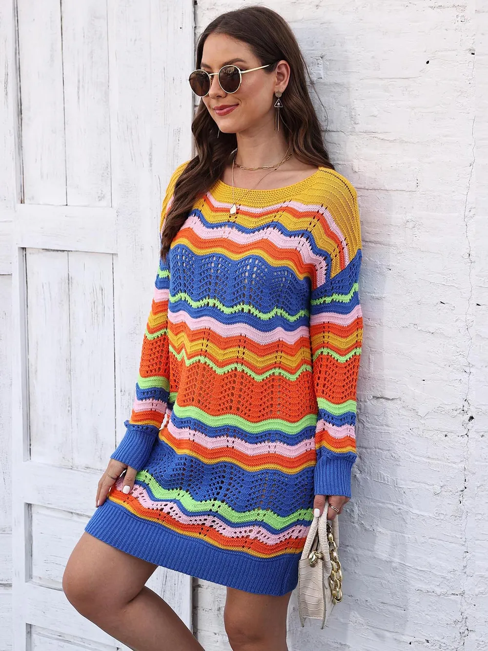Openwork Round Neck Sweater Dress, image 5