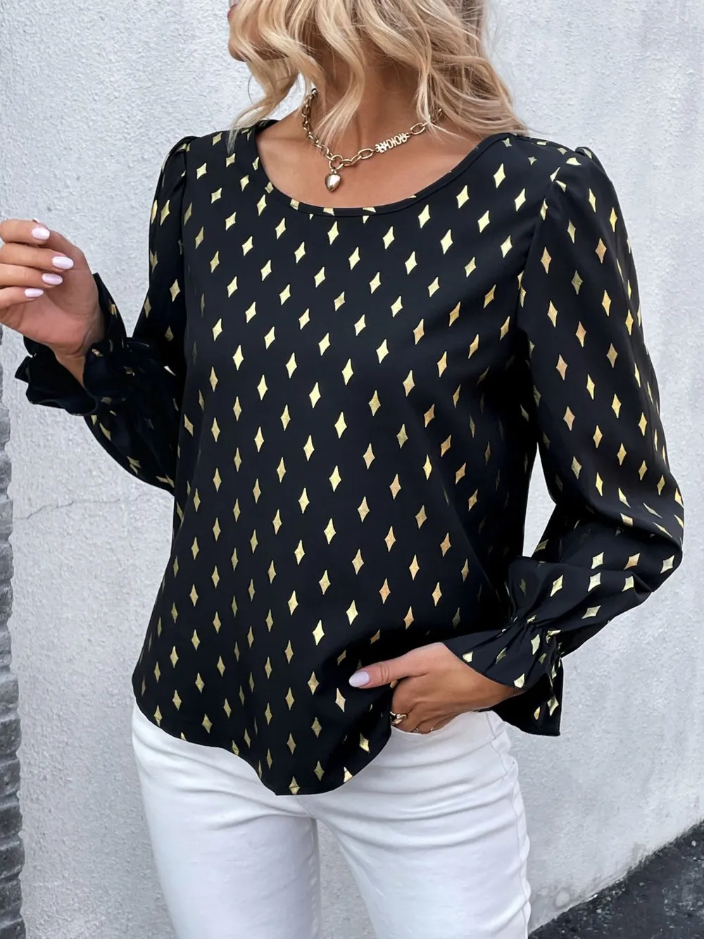 Printed Round Neck Flounce Sleeve Blouse, image 9