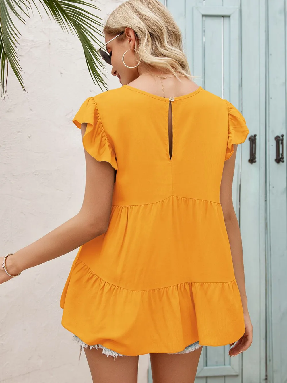 Round Neck Flutter Sleeve Tiered Blouse, image 3