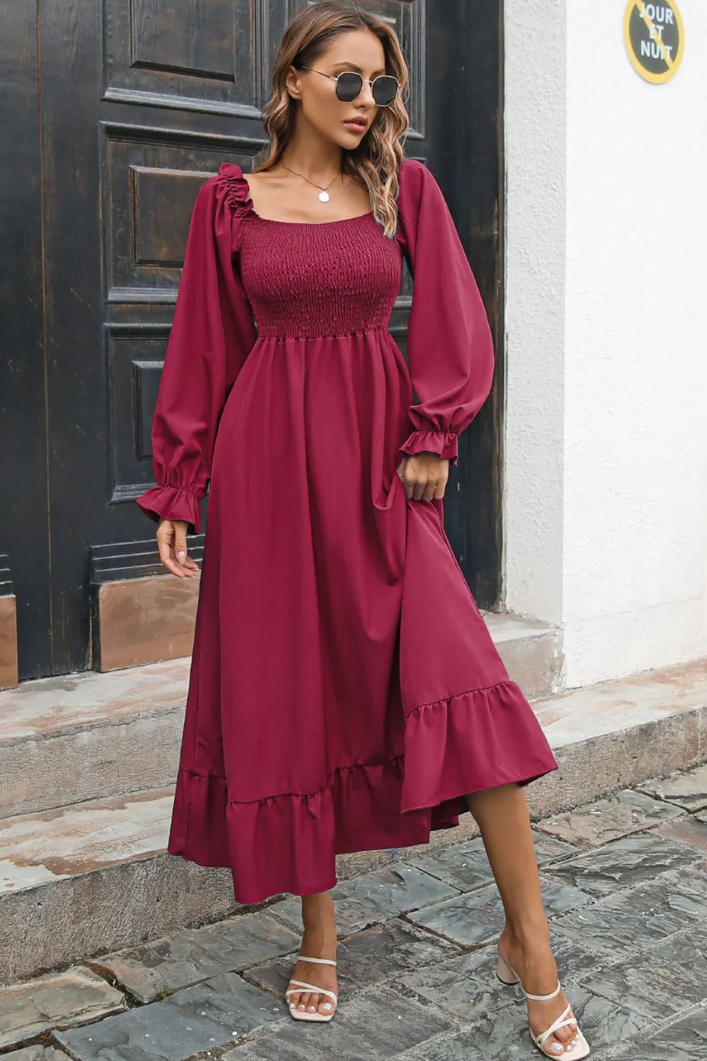 Smocked Ruffle Hem Flounce Sleeve Dress, image 12