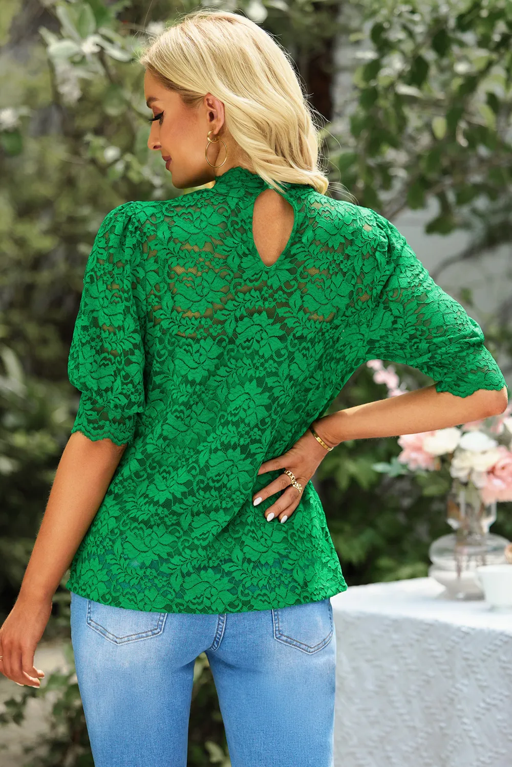 Lace Scalloped Short Puff Sleeve Top, image 15