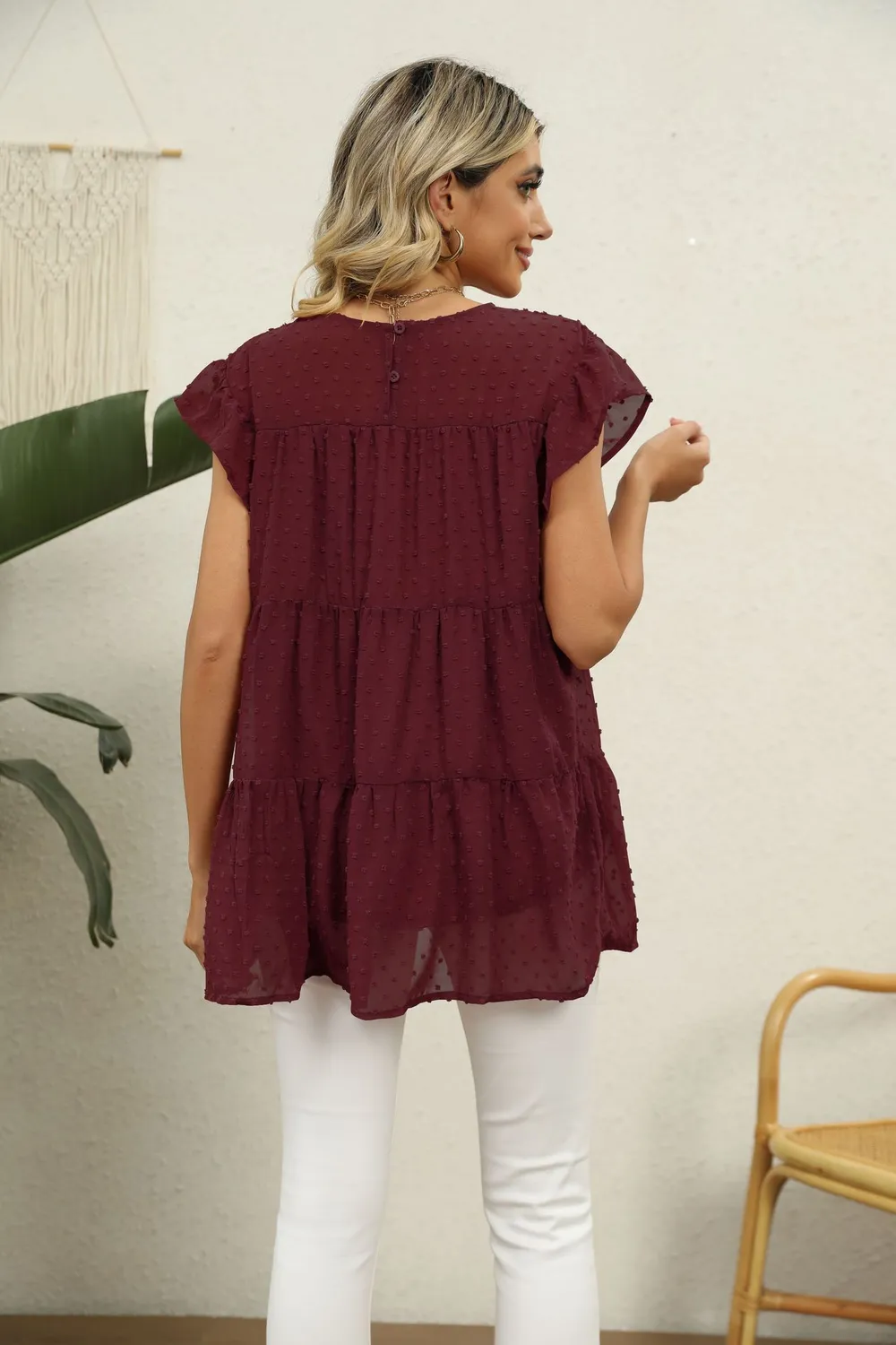 Swiss Dot Round Neck Tiered Blouse, image 18