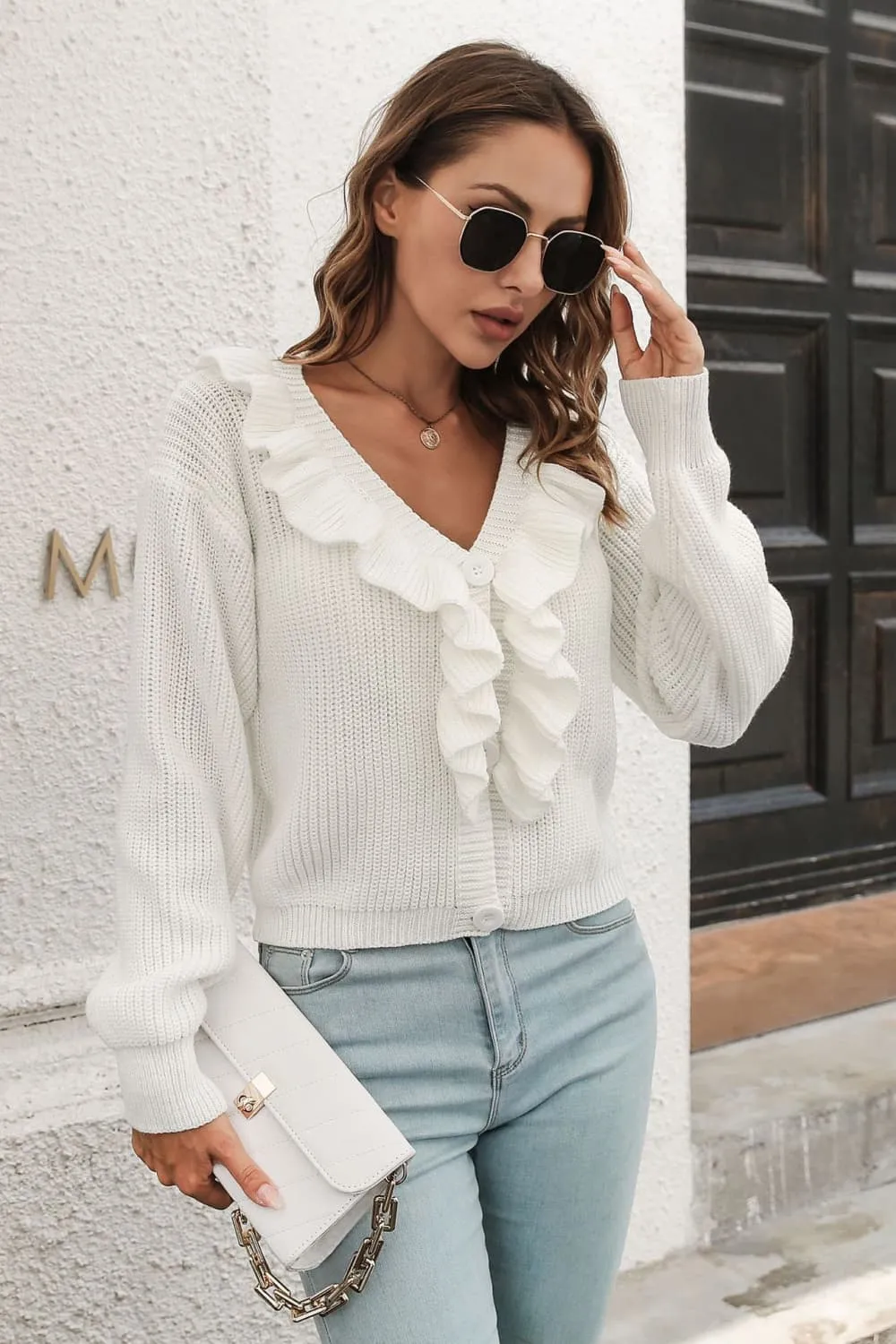 Ruffle Trim Button-Down Dropped Shoulder Sweater, image 6