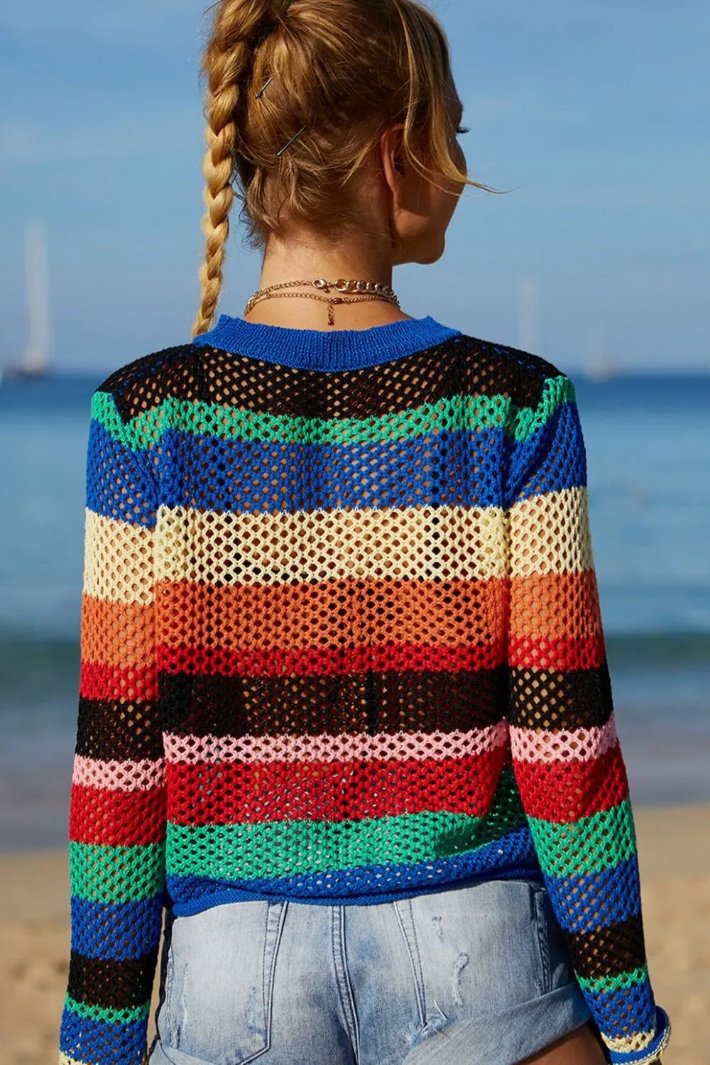 Rainbow Stripe Openwork Long Sleeve Cover-Up, image 2