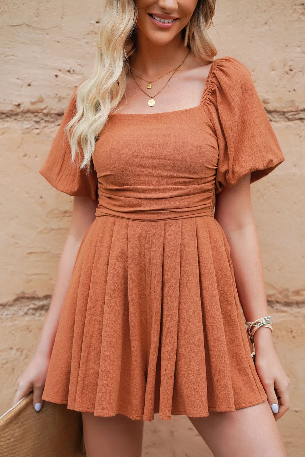 Square Neck Pleated Romper with Pockets, image 4