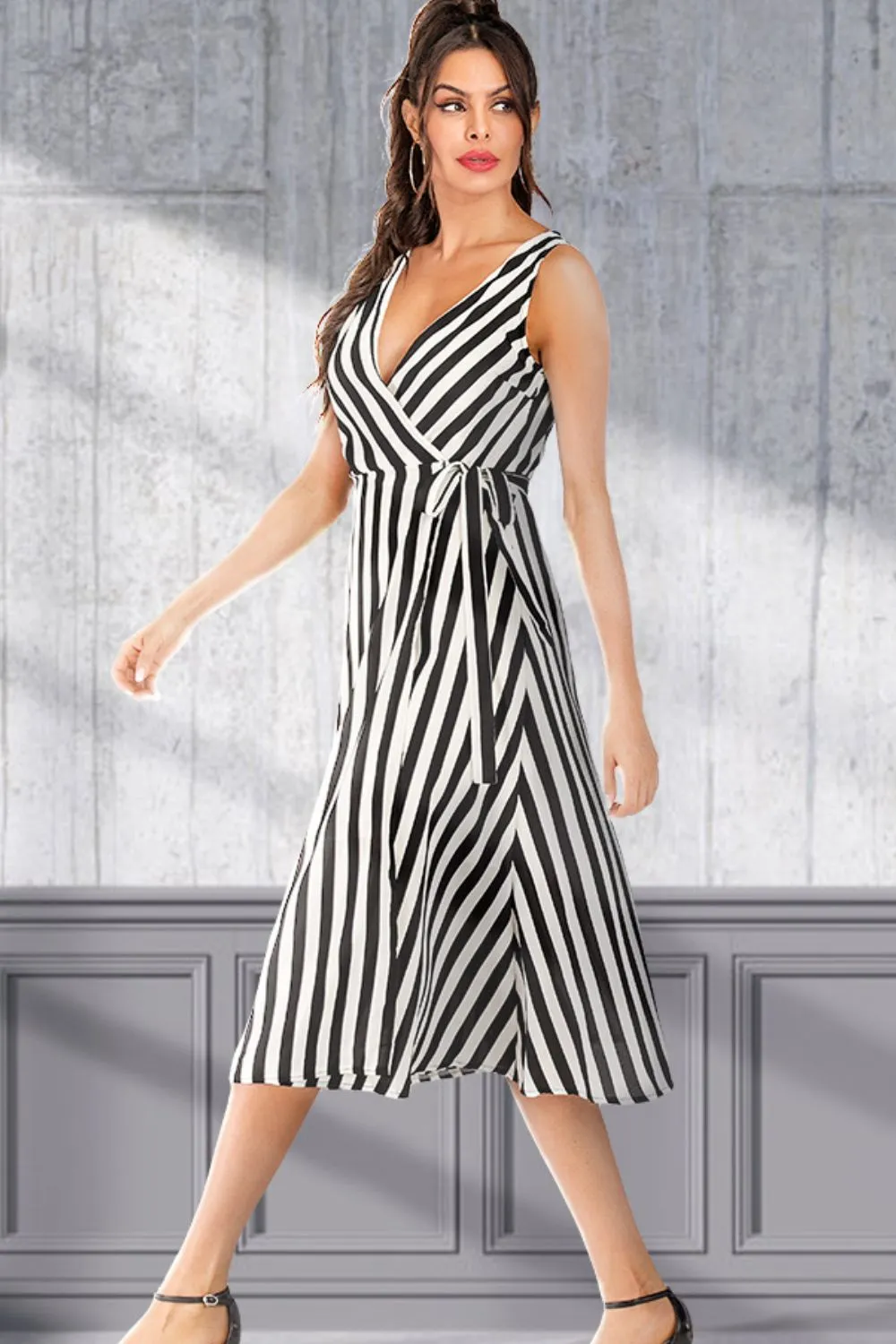 Striped Surplice Tied Sleeveless Dress, image 4